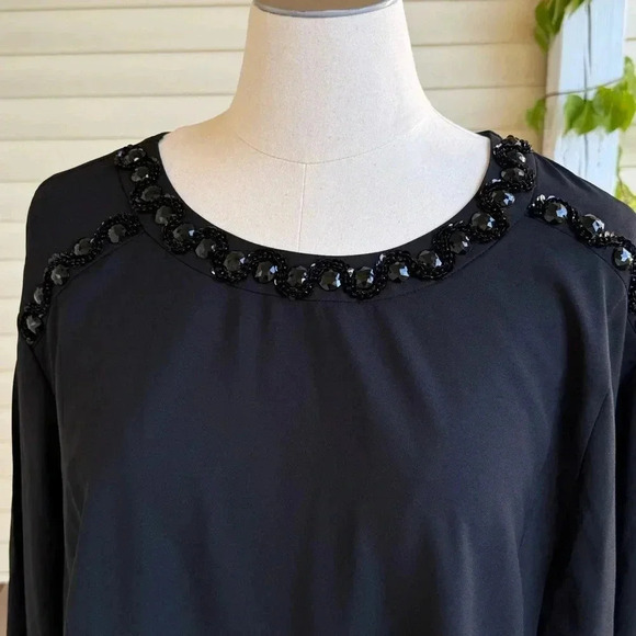 NWT Catherines Blouse Plus 5x 34/36W Black Chiffon Jeweled Top Split Sleeve - Picture 3 of 9